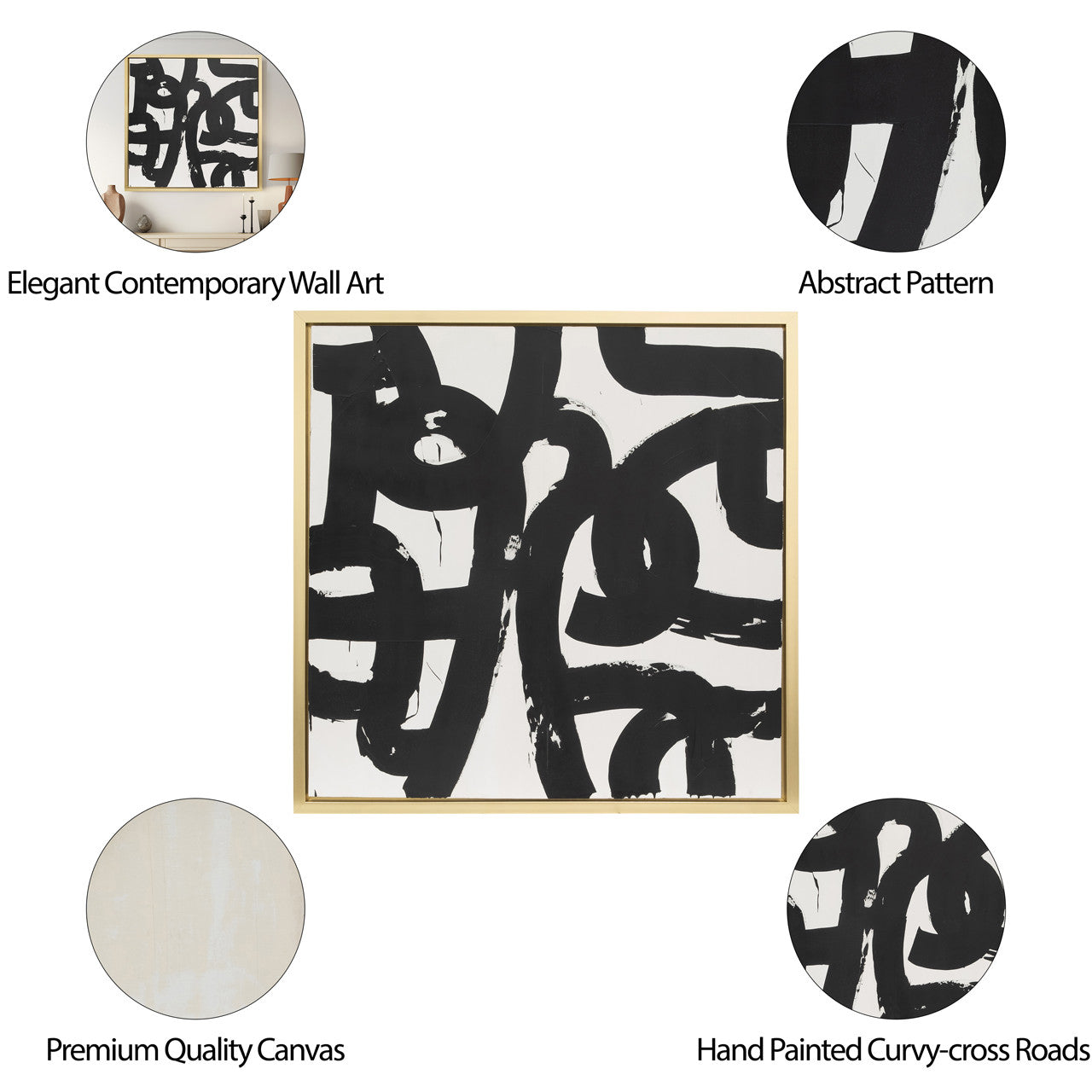 71x71 Hand Painted Curvy Cross Roads, Ivory/black