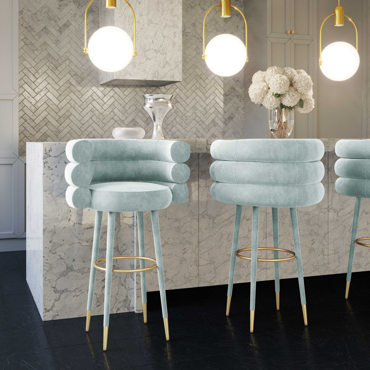 BETTY SEA FOAM GREEN VELVET BARSTOOLS